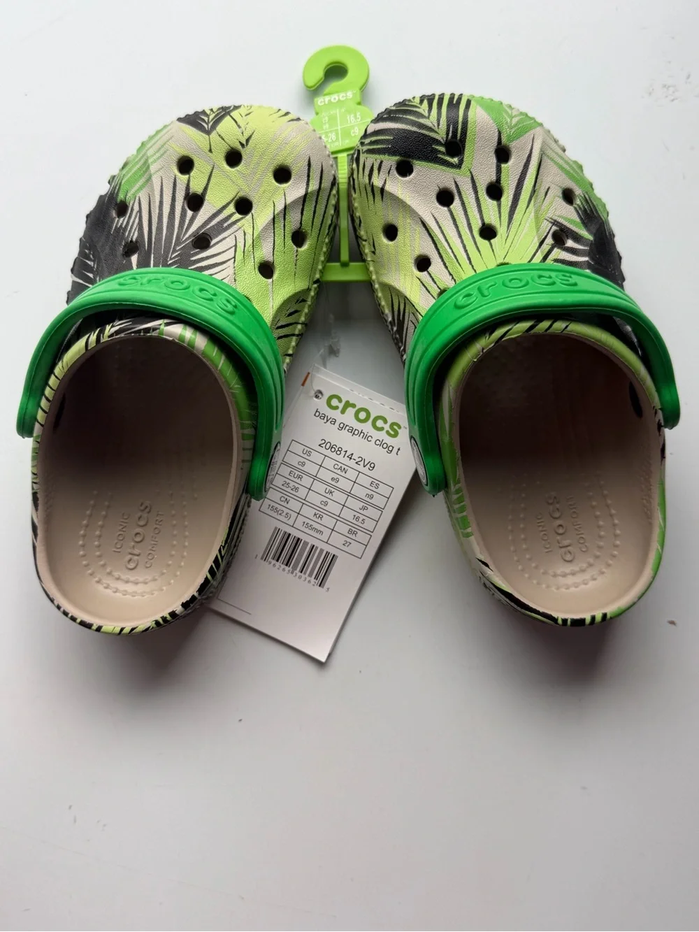 CROCS Kids Green Tropical Print Clogs with Lime Strap